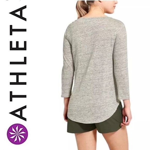 NEW ATHLETA GRAY SPLIT NECK 3/4 SLEEVE ZEPHYR 100% LINEN TOP TEE SHIRT XS - Picture 2 of 11